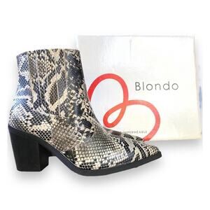 Blondo Snake Print Leather Bootie Boots Wmn's Sz 8 Pointy Toe Block Heel Sidezip